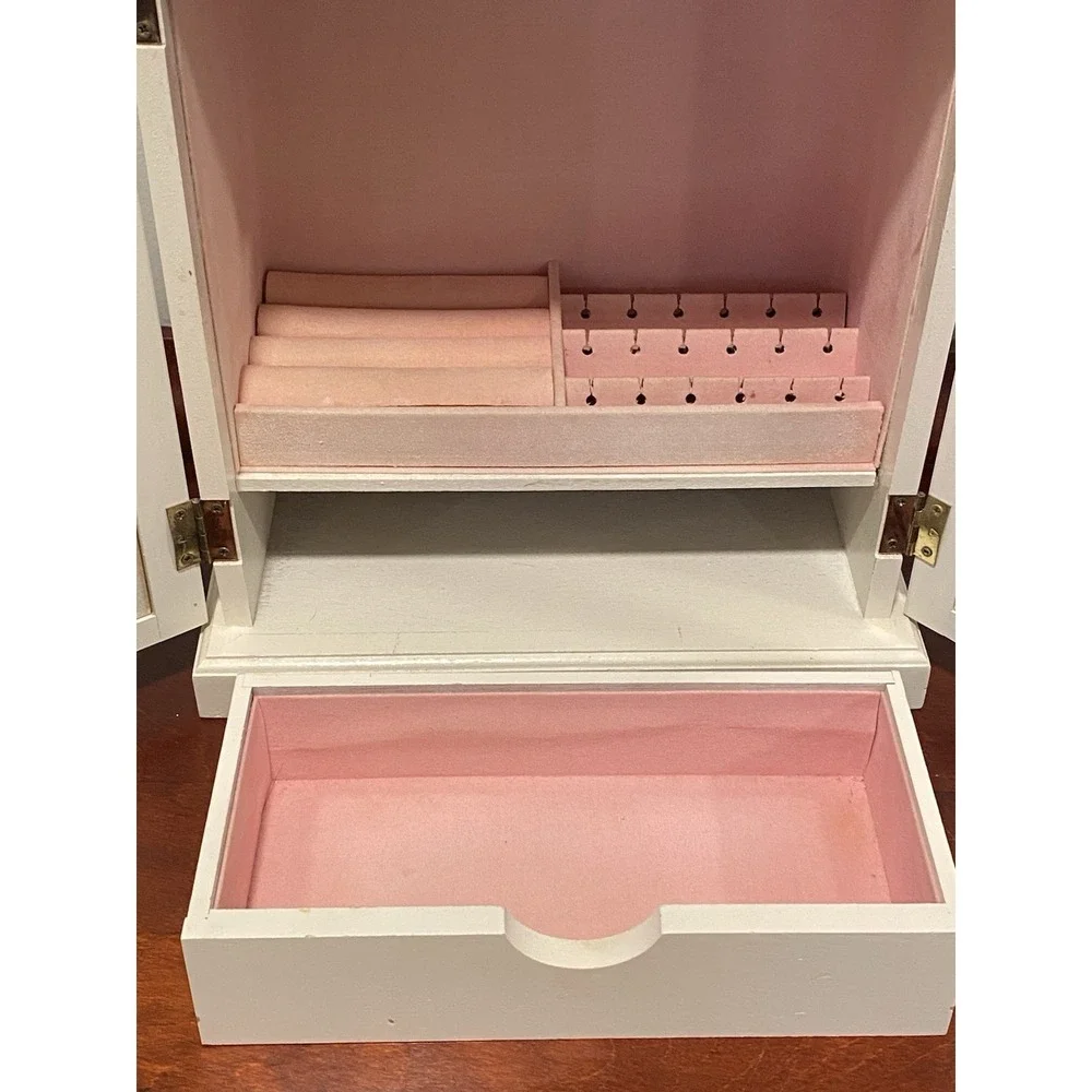 Vintage Jewelry Armoire Box Double Glass Doors, Drawer, Hooks, Pink Velvet Lined